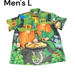 HAWAIIAN Shirt Men's St. Patrick's Day Size Large Leprechaun Pot of Gold